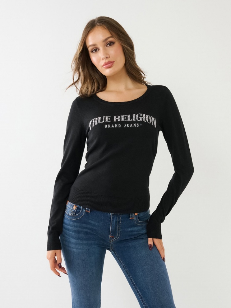 Chandails True Religion Crystal True Religion Logo Femme Noir | UJE-56720712