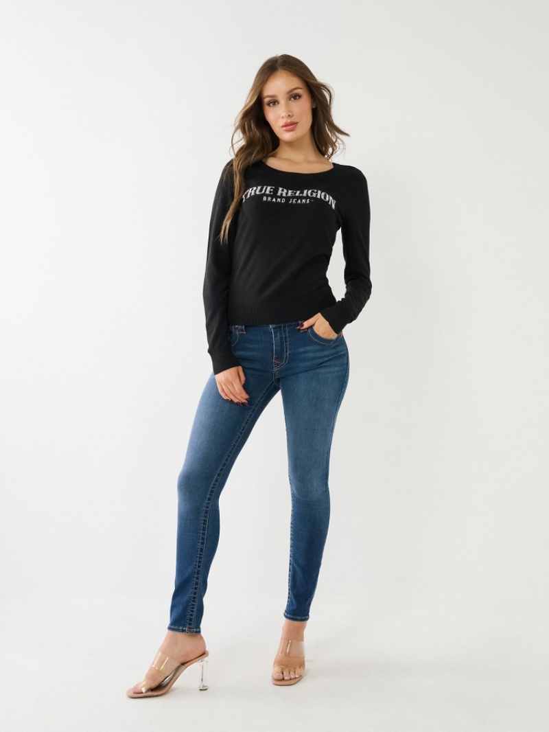 Chandails True Religion Crystal True Religion Logo Femme Noir | UJE-56720712