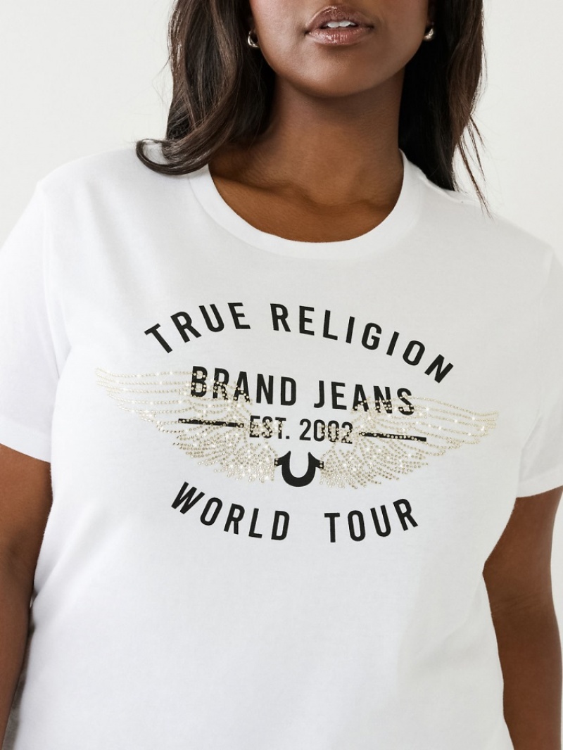 T Shirts True Religion World Tour Retro Crystal Slim Crew Logo Femme Noir | OXZ-89093193