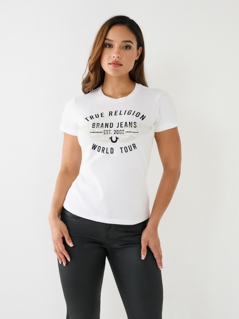 T Shirts True Religion World Tour Retro Crystal Slim Crew Logo Femme Noir | OXZ-89093193