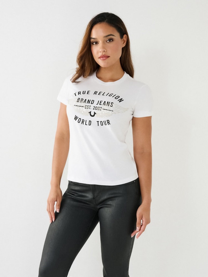 T Shirts True Religion World Tour Retro Crystal Slim Crew Logo Femme Noir | OXZ-89093193