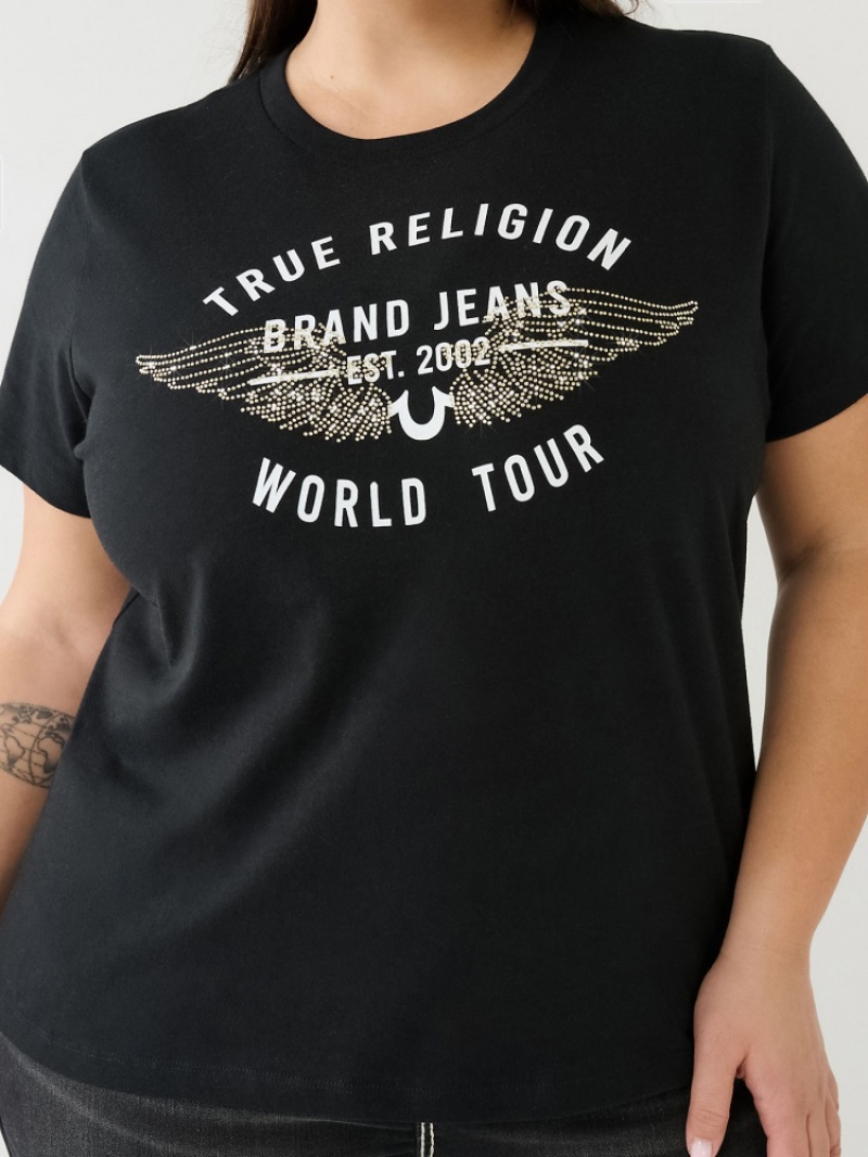 T Shirts True Religion World Tour Retro Crystal Slim Crew Logo Femme Blanche Bleu Marine | USD-12936120