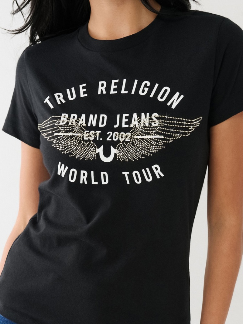 T Shirts True Religion World Tour Retro Crystal Slim Crew Logo Femme Blanche Bleu Marine | USD-12936120