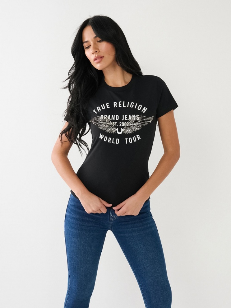 T Shirts True Religion World Tour Retro Crystal Slim Crew Logo Femme Blanche Bleu Marine | USD-12936120