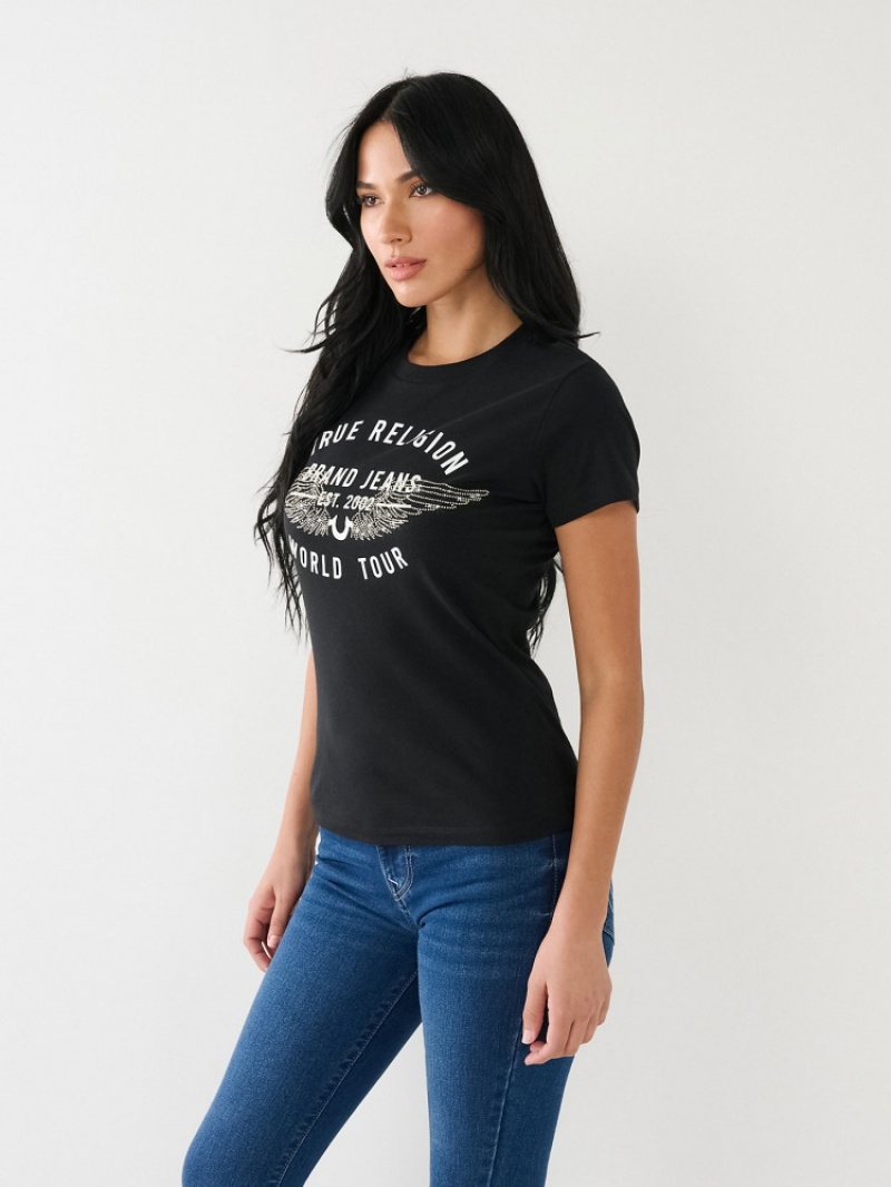 T Shirts True Religion World Tour Retro Crystal Slim Crew Logo Femme Blanche Bleu Marine | USD-12936120