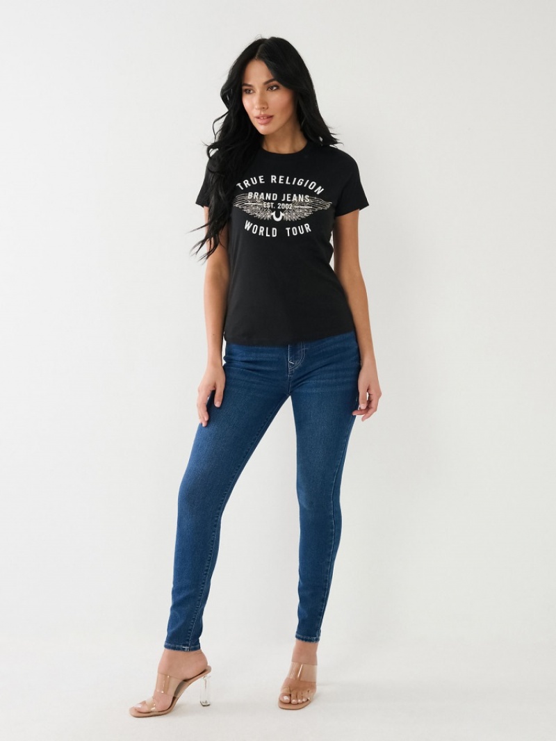 T Shirts True Religion World Tour Retro Crystal Slim Crew Logo Femme Blanche Bleu Marine | USD-12936120