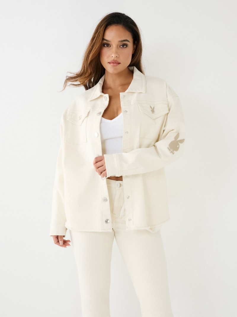 Veste Jimmy True Religion Playboy X True Religion Oversized Femme Blanche Bleu | UKJ-51549754