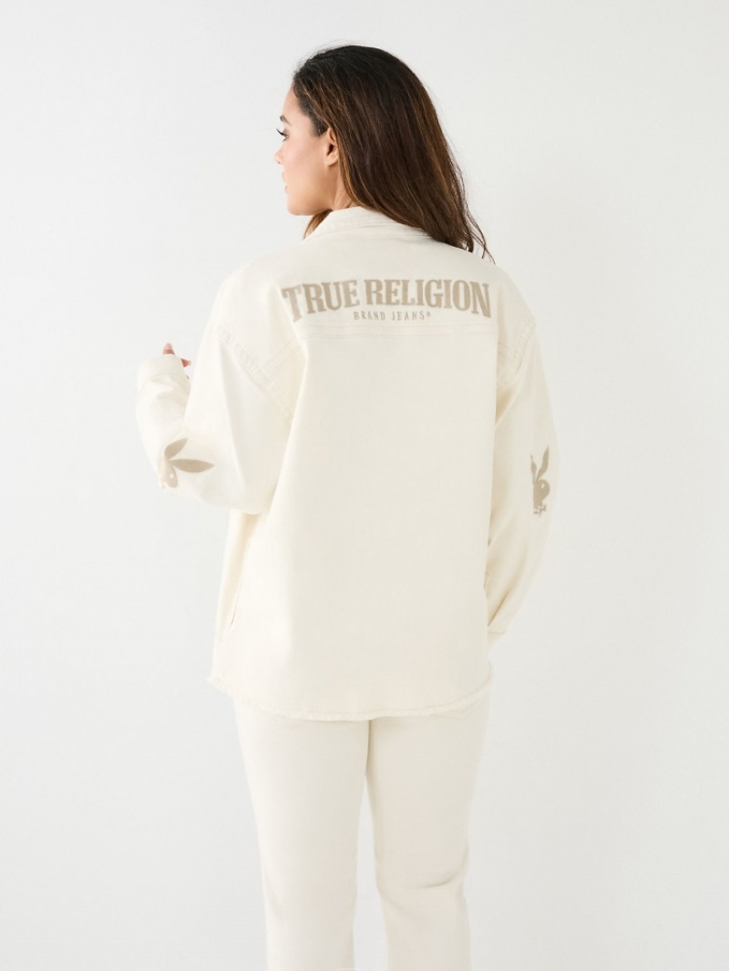 Veste Jimmy True Religion Playboy X True Religion Oversized Femme Blanche Bleu | UKJ-51549754