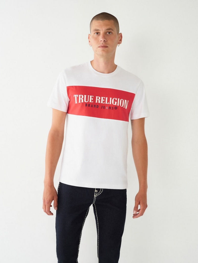 T Shirts True Religion Color Block True Logo Homme Blanche Bleu Marine | BGJ-90057205