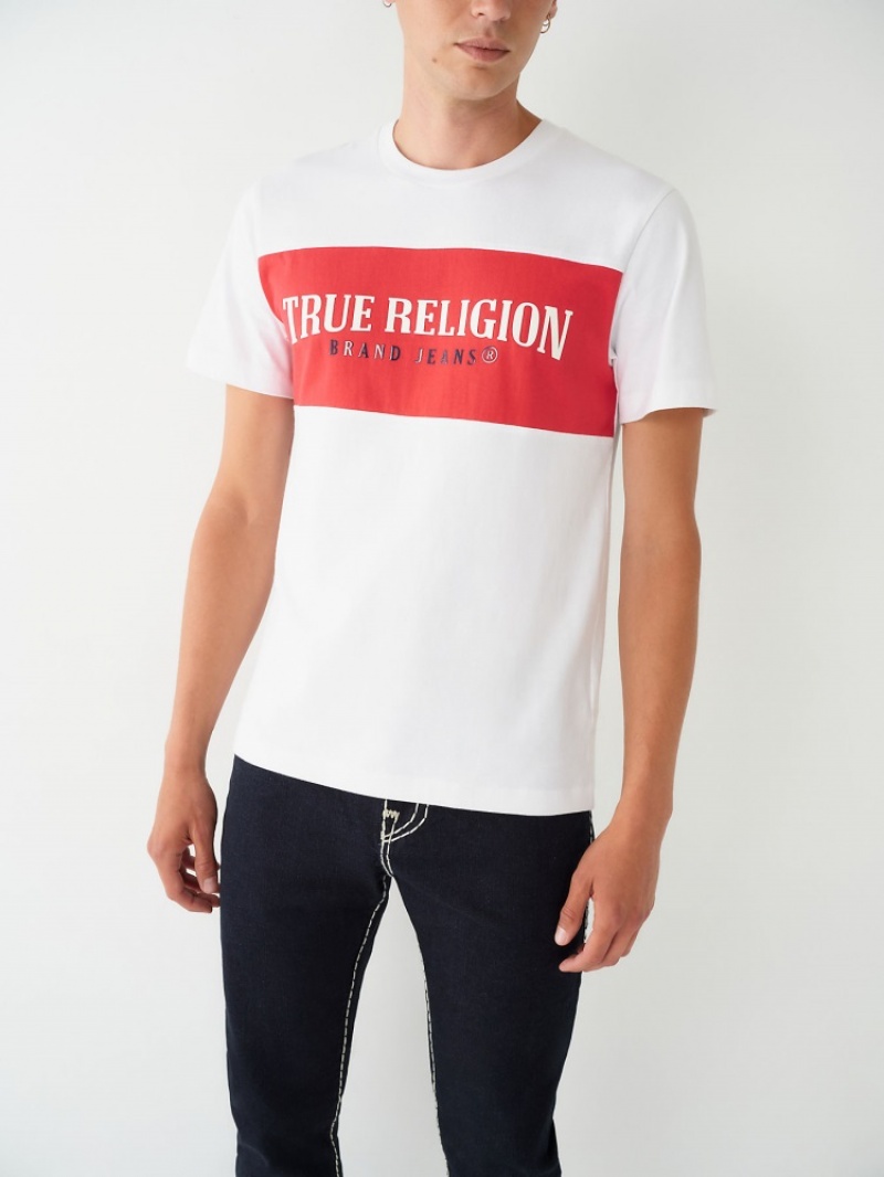 T Shirts True Religion Color Block True Logo Homme Blanche Bleu Marine | BGJ-90057205