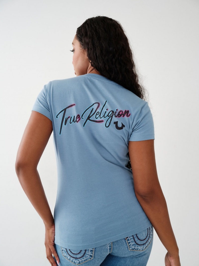 T Shirts True Religion True Logo V Femme Blanche Bleu | FDG-54144941