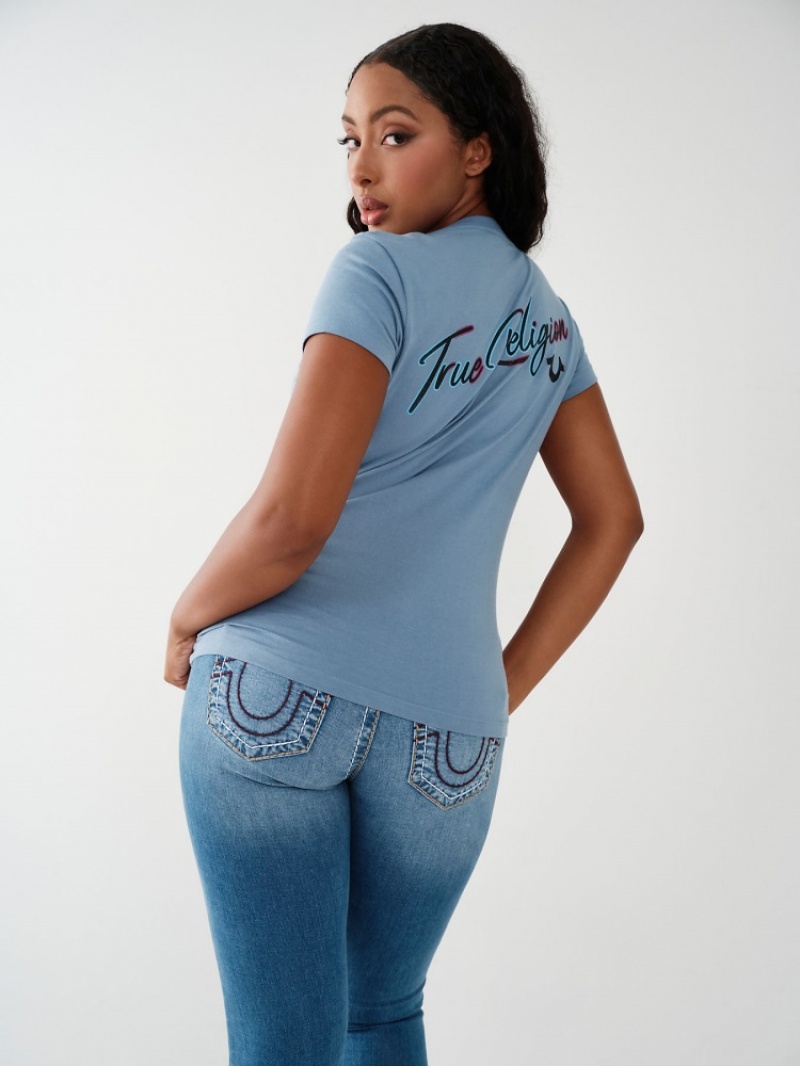 T Shirts True Religion True Logo V Femme Blanche Bleu | FDG-54144941