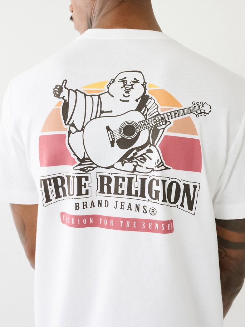 T Shirts True Religion Buddha Sunrise Logo Homme Noir Jaune | UNN-69888675