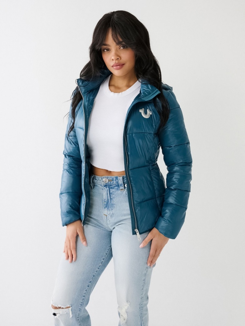 Veste Puffer True Religion Horseshoe Logo Encapuchonné Femme Blanche Noir | MAX-30099722