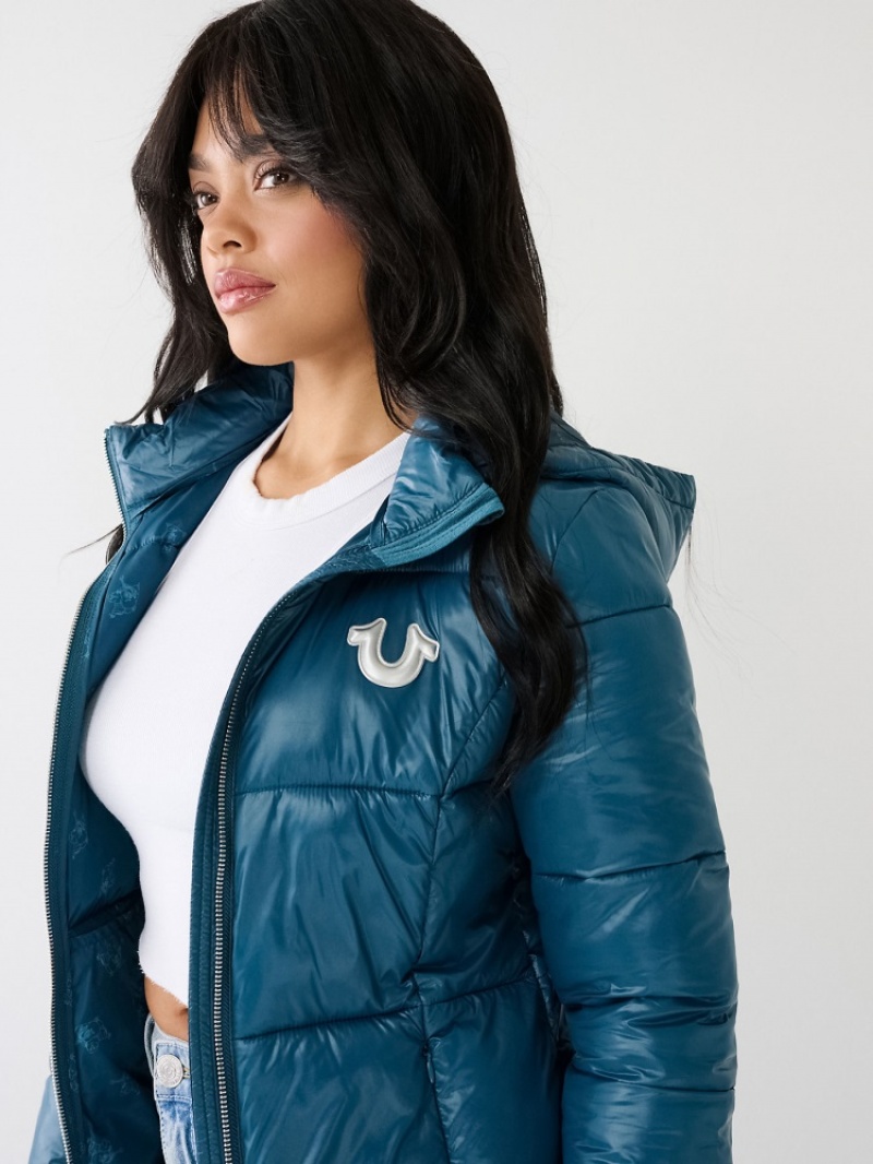 Veste Puffer True Religion Horseshoe Logo Encapuchonné Femme Blanche Noir | MAX-30099722