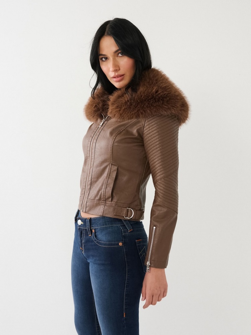 Vestes En Cuir True Religion Fur Trim Faux Femme Kaki | PKO-29317728