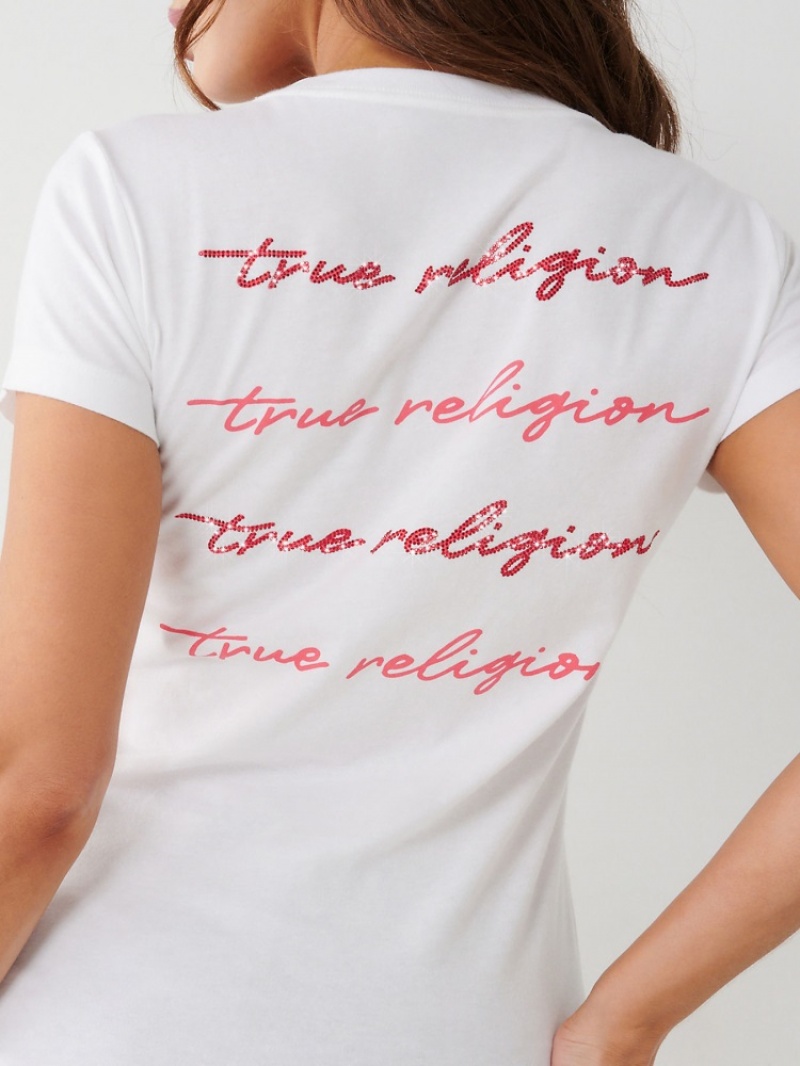 T Shirts True Religion True Crystal V Femme Blanche Bleu | DFO-02256900