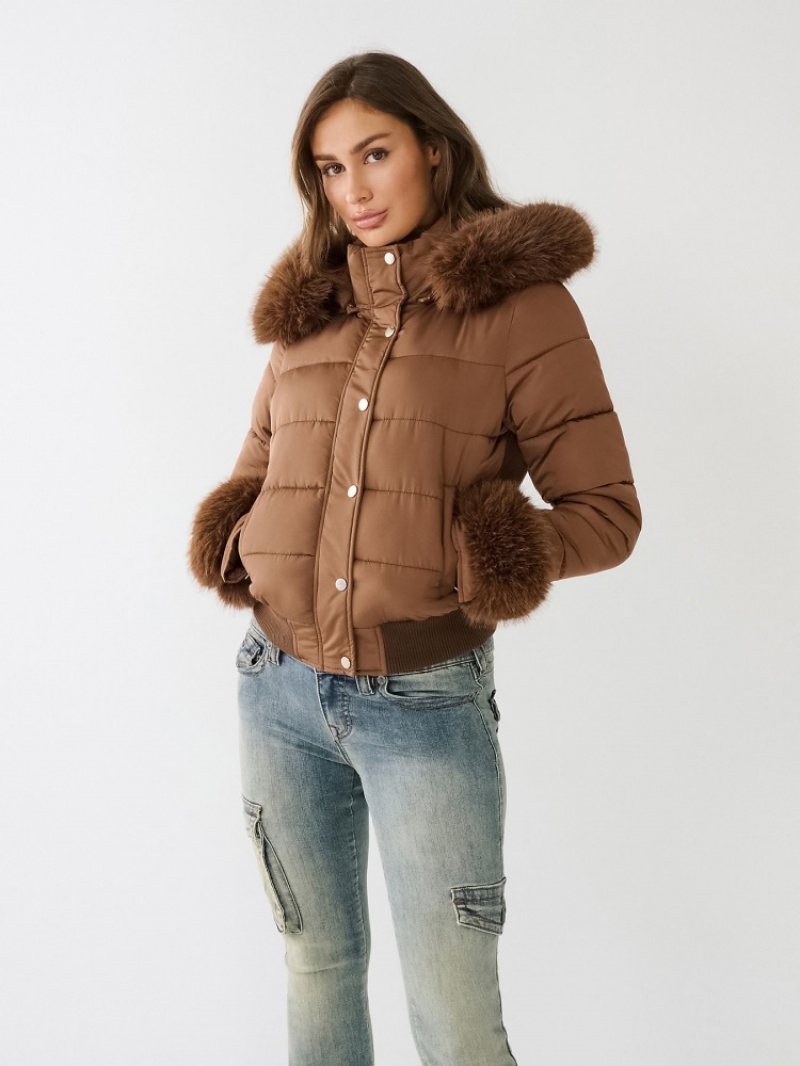 Veste Puffer True Religion Faux Fur Trim Femme Bleu | UZH-53952162