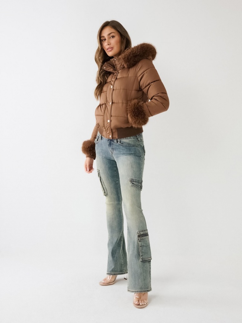 Veste Puffer True Religion Faux Fur Trim Femme Bleu | UZH-53952162