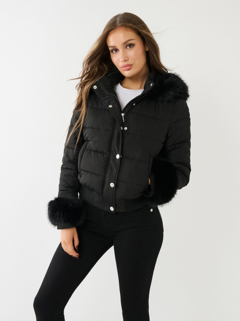 Veste Puffer True Religion Faux Fur Trim Femme Noir | GSX-93471764