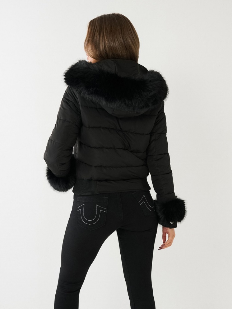 Veste Puffer True Religion Faux Fur Trim Femme Noir | GSX-93471764