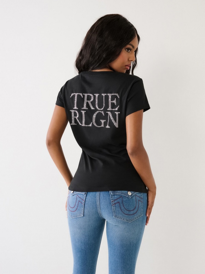 T Shirts True Religion Studded Logo V Femme Bleu Marine | SCK-82462541