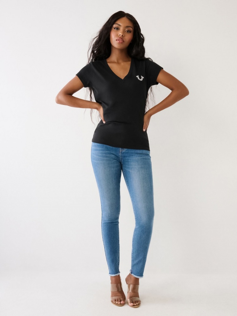 T Shirts True Religion Studded Logo V Femme Bleu Marine | SCK-82462541