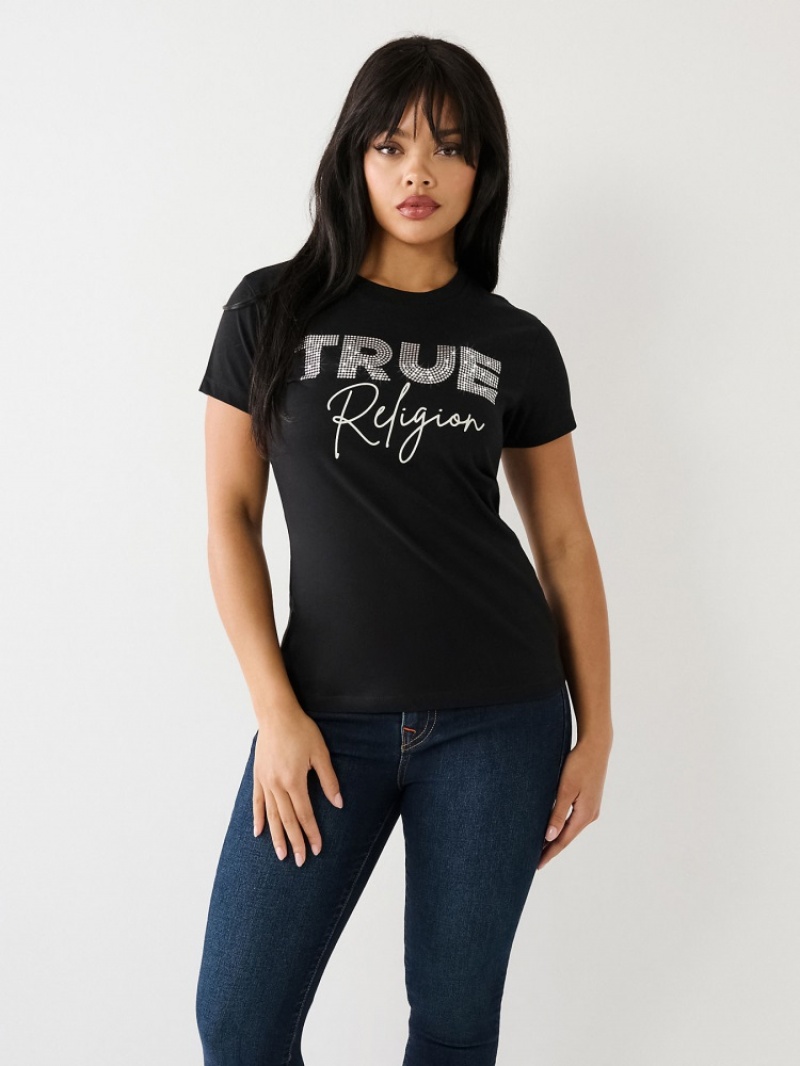 T Shirts True Religion Studded Logo Femme Noir | KEH-40827023