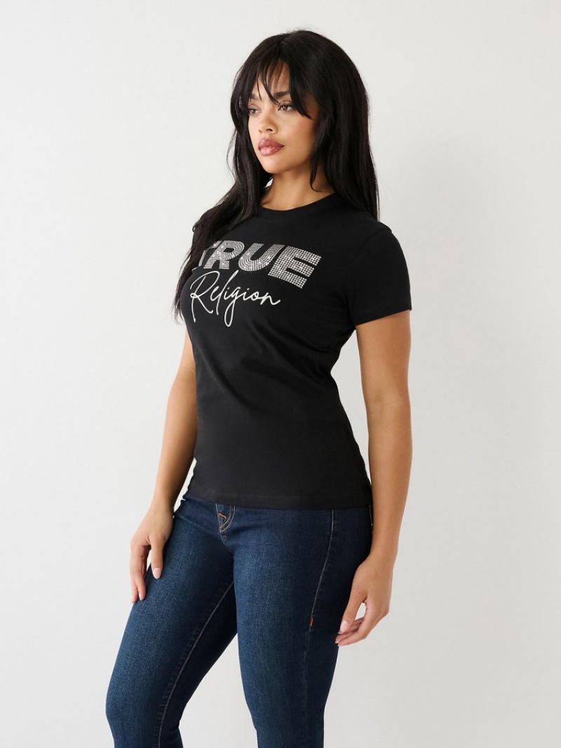 T Shirts True Religion Studded Logo Femme Noir | KEH-40827023