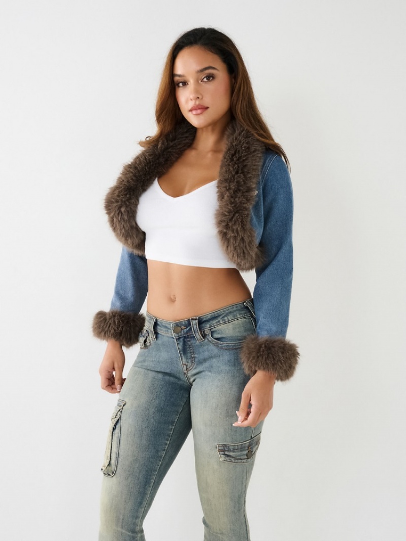 Vestes En Jean True Religion Cropped Fur Trim Femme Blanche Bleu Marine | MXL-43408727