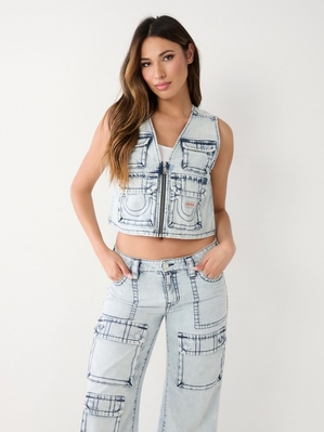 Gilet True Religion Crop Denim Utility Femme Bleu Marine | MBQ-59584869