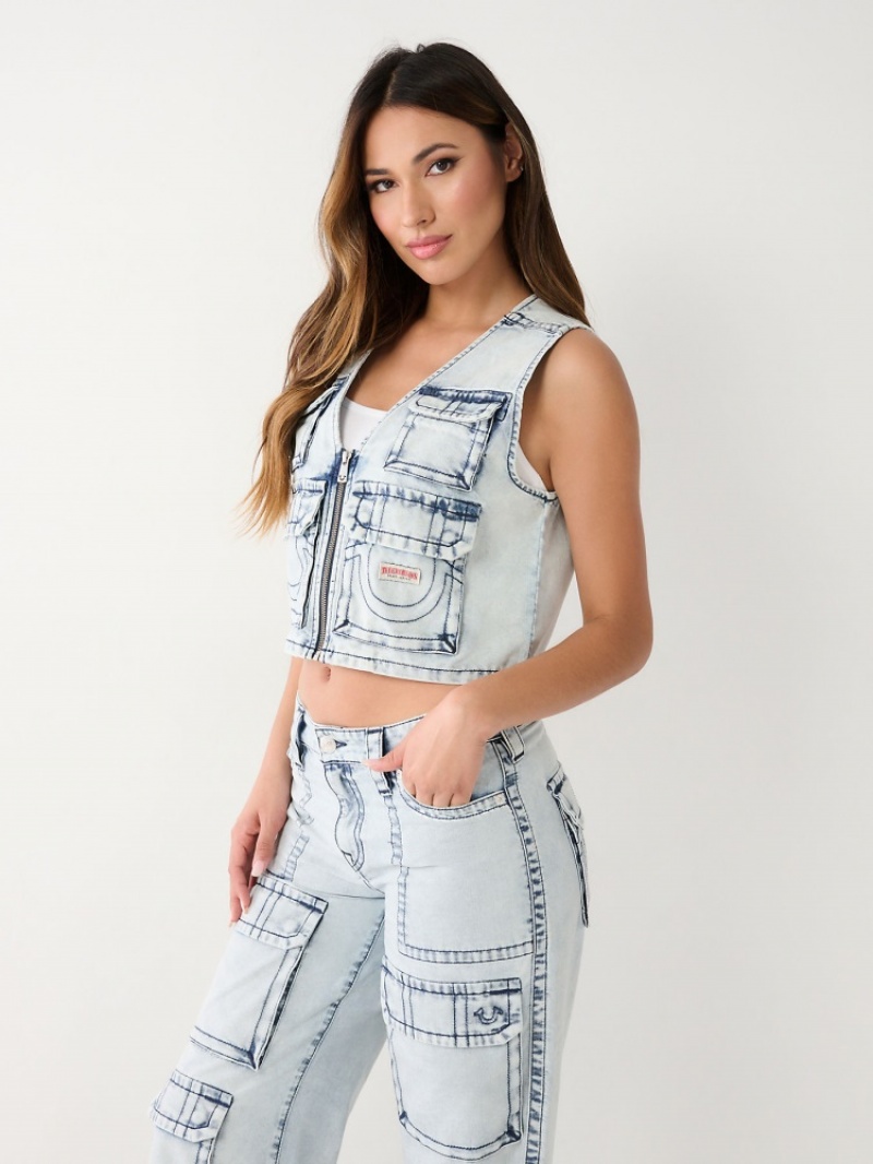 Gilet True Religion Crop Denim Utility Femme Bleu Marine | MBQ-59584869