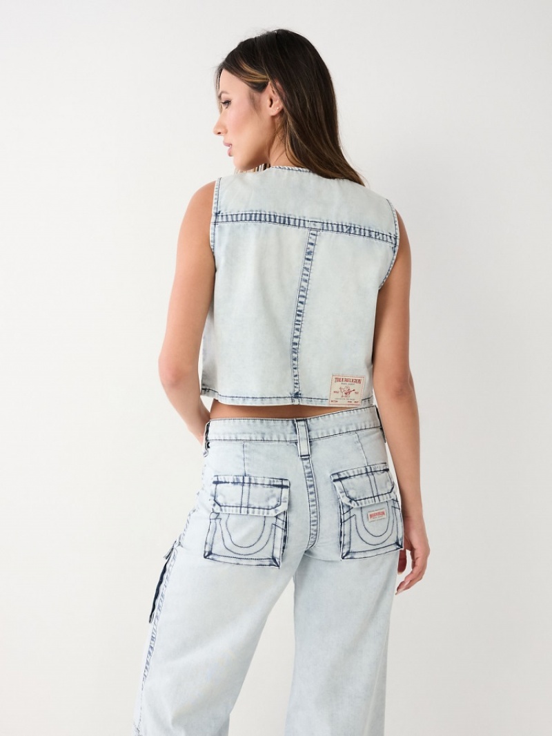 Gilet True Religion Crop Denim Utility Femme Bleu Marine | MBQ-59584869