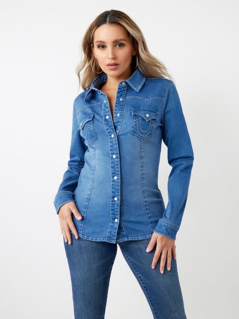 Hauts True Religion Western Denim Shirt Femme Blanche Noir | AEH-14404728