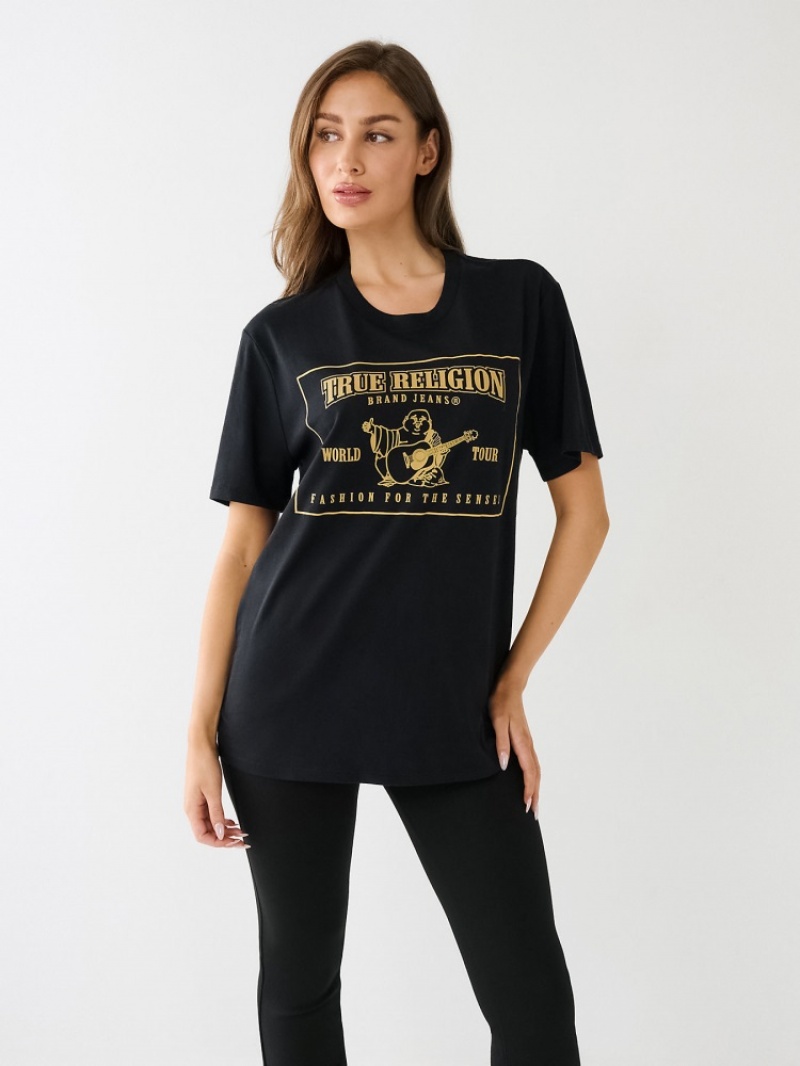 T Shirts True Religion Reflective Buddha Logo Boyfriend Femme Noir | FLO-15431333