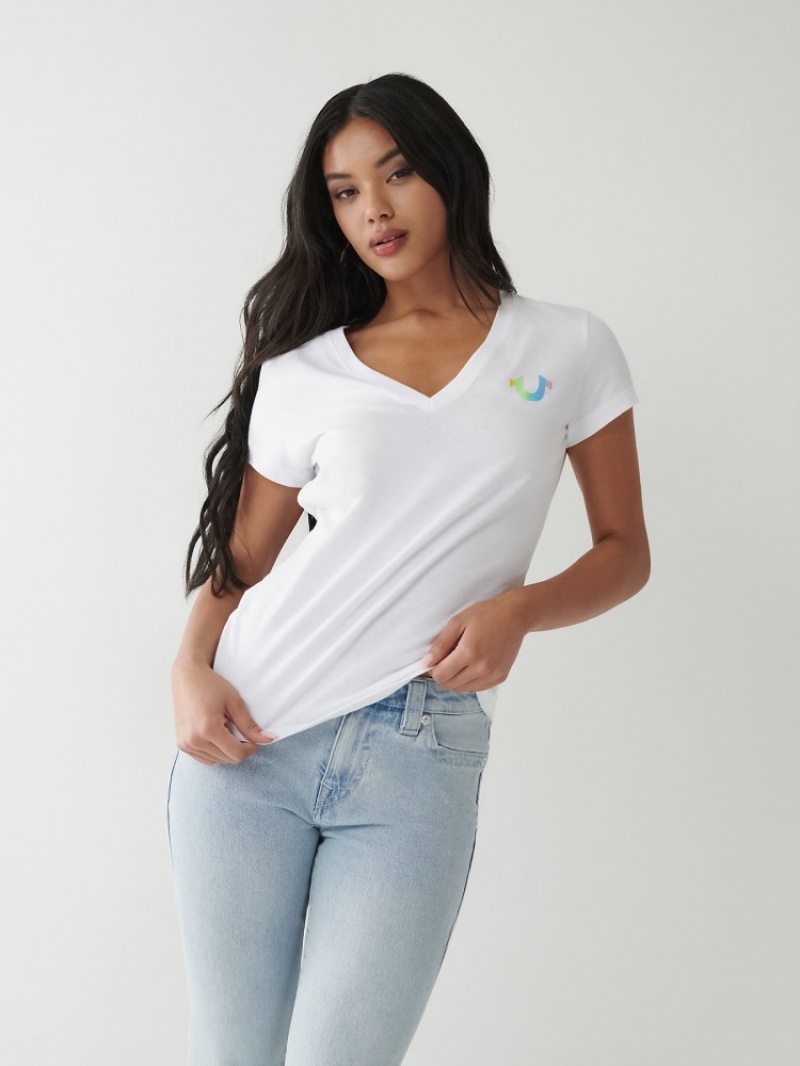 T Shirts True Religion Rainbow Logo V Femme Blanche Bleu | TUY-53352853