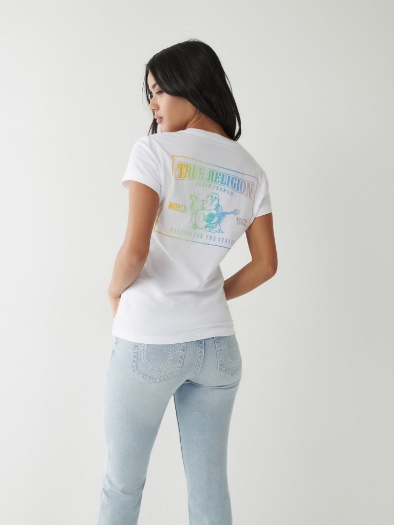 T Shirts True Religion Rainbow Logo V Femme Blanche Bleu | TUY-53352853