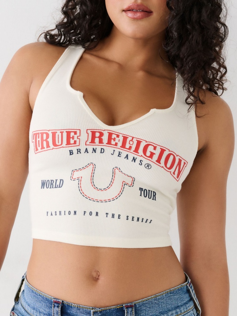 Debardeur True Religion Notch Crop Logo Femme Vert Olive | ATL-53639906