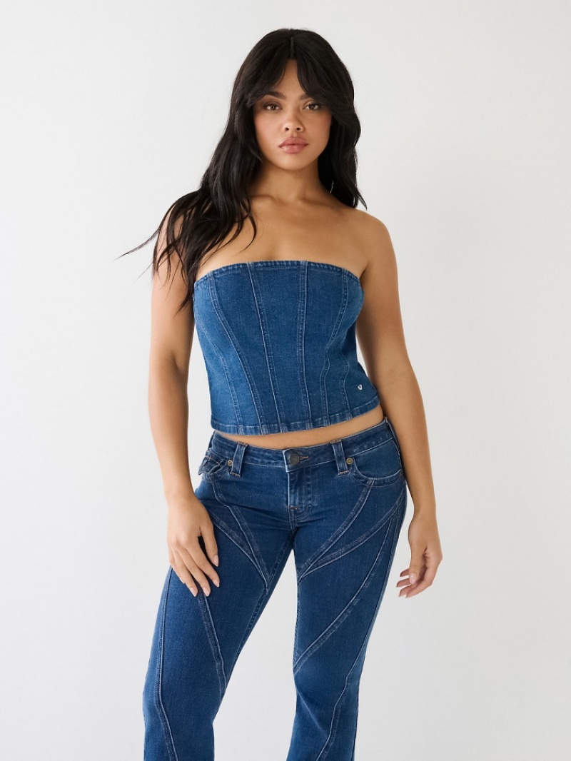 Hauts True Religion Seaming Denim Bustier Femme Bleu | UPD-70845281