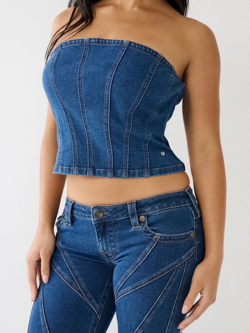 Hauts True Religion Seaming Denim Bustier Femme Bleu | UPD-70845281