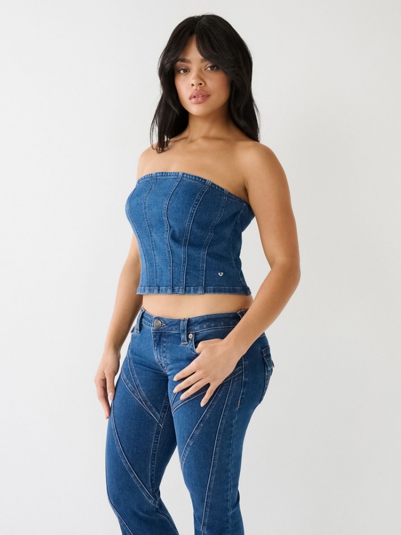 Hauts True Religion Seaming Denim Bustier Femme Bleu | UPD-70845281