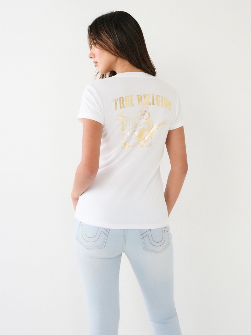 T Shirts True Religion Metallic Buddha Logo V Neck Femme Blanche Noir | YWI-64338693