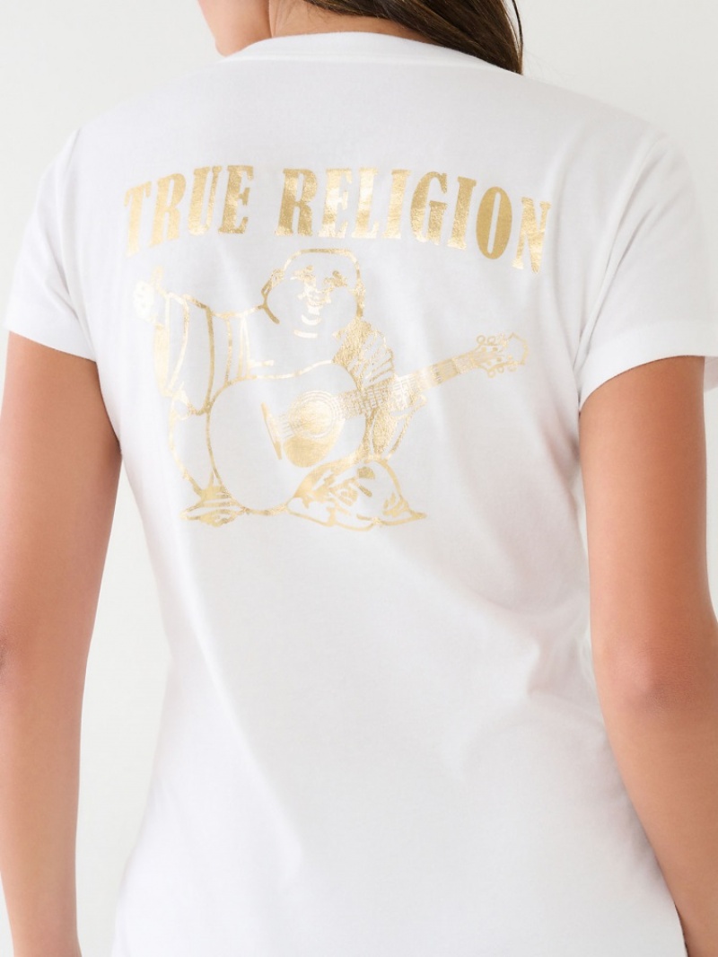 T Shirts True Religion Metallic Buddha Logo V Neck Femme Blanche Noir | YWI-64338693