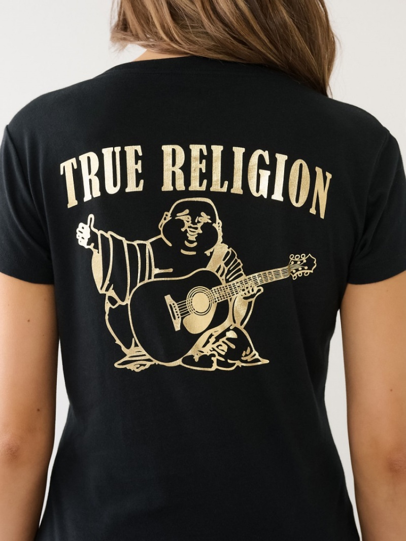 T Shirts True Religion Metallic Buddha Logo V Neck Femme Bleu Orange | ECA-15002633