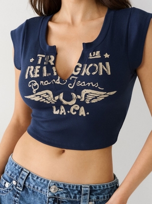 Hauts True Religion Notch Crop Tee Femme Bleu Marine | BCU-81803320