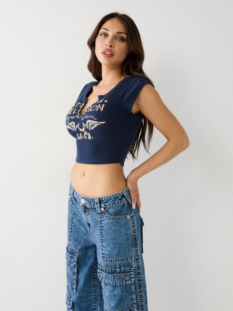 Hauts True Religion Notch Crop Tee Femme Bleu Marine | BCU-81803320