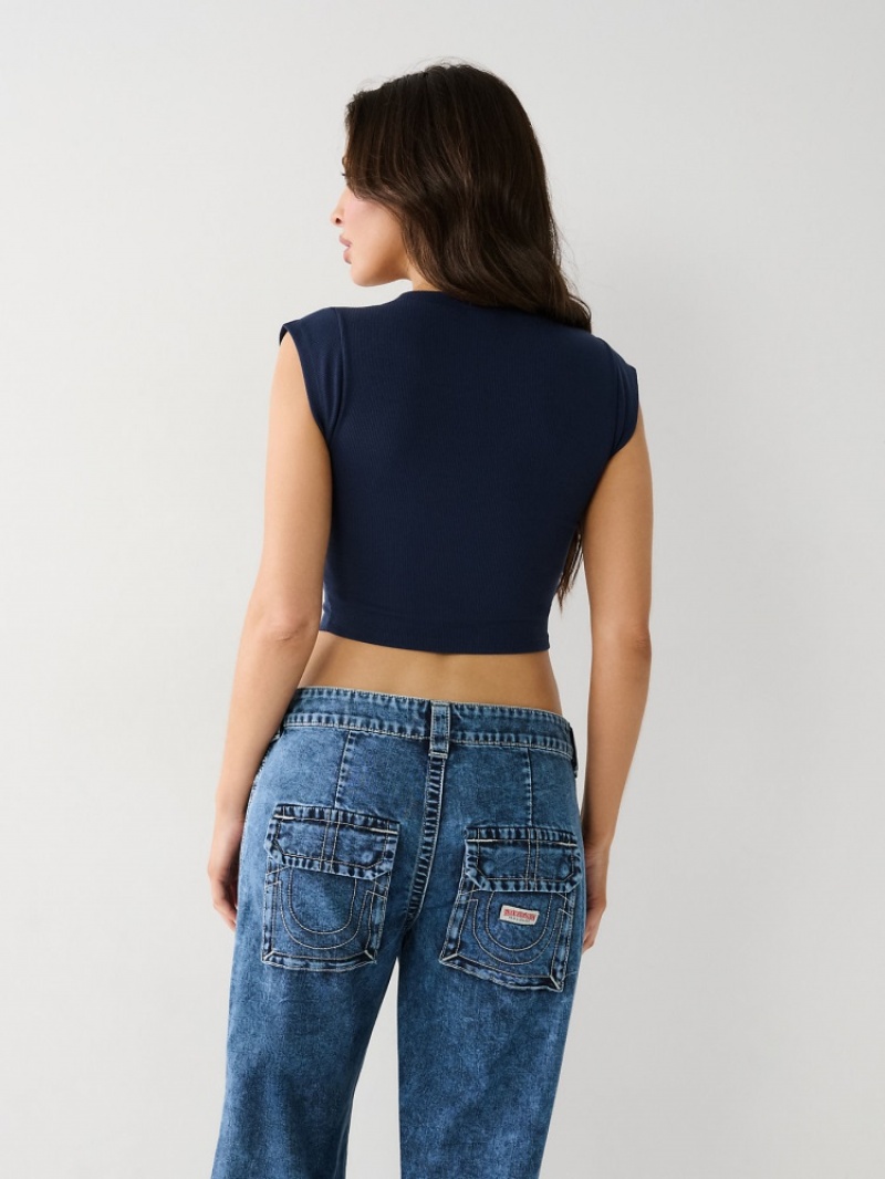 Hauts True Religion Notch Crop Tee Femme Bleu Marine | BCU-81803320