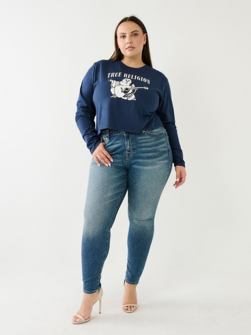 Chemise à Manches Longues True Religion Logo Crop Femme Bleu | VEI-40436332