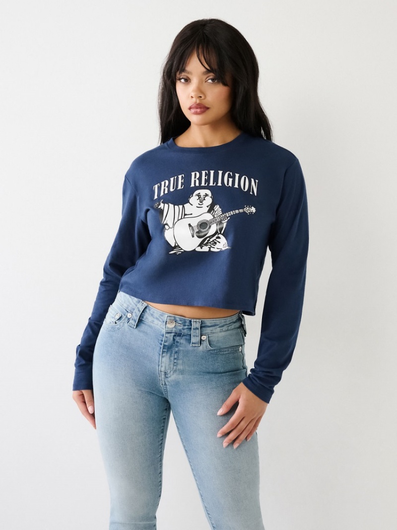 Chemise à Manches Longues True Religion Logo Crop Femme Bleu | VEI-40436332