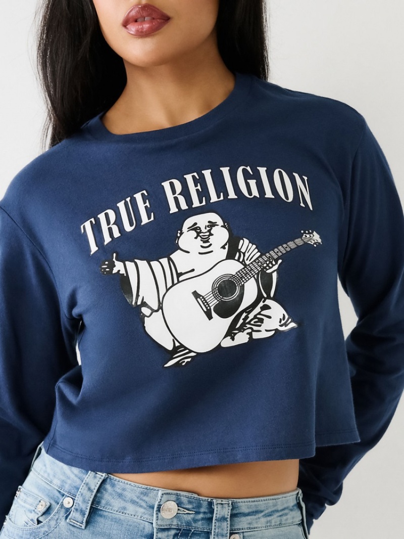 Chemise à Manches Longues True Religion Logo Crop Femme Bleu | VEI-40436332